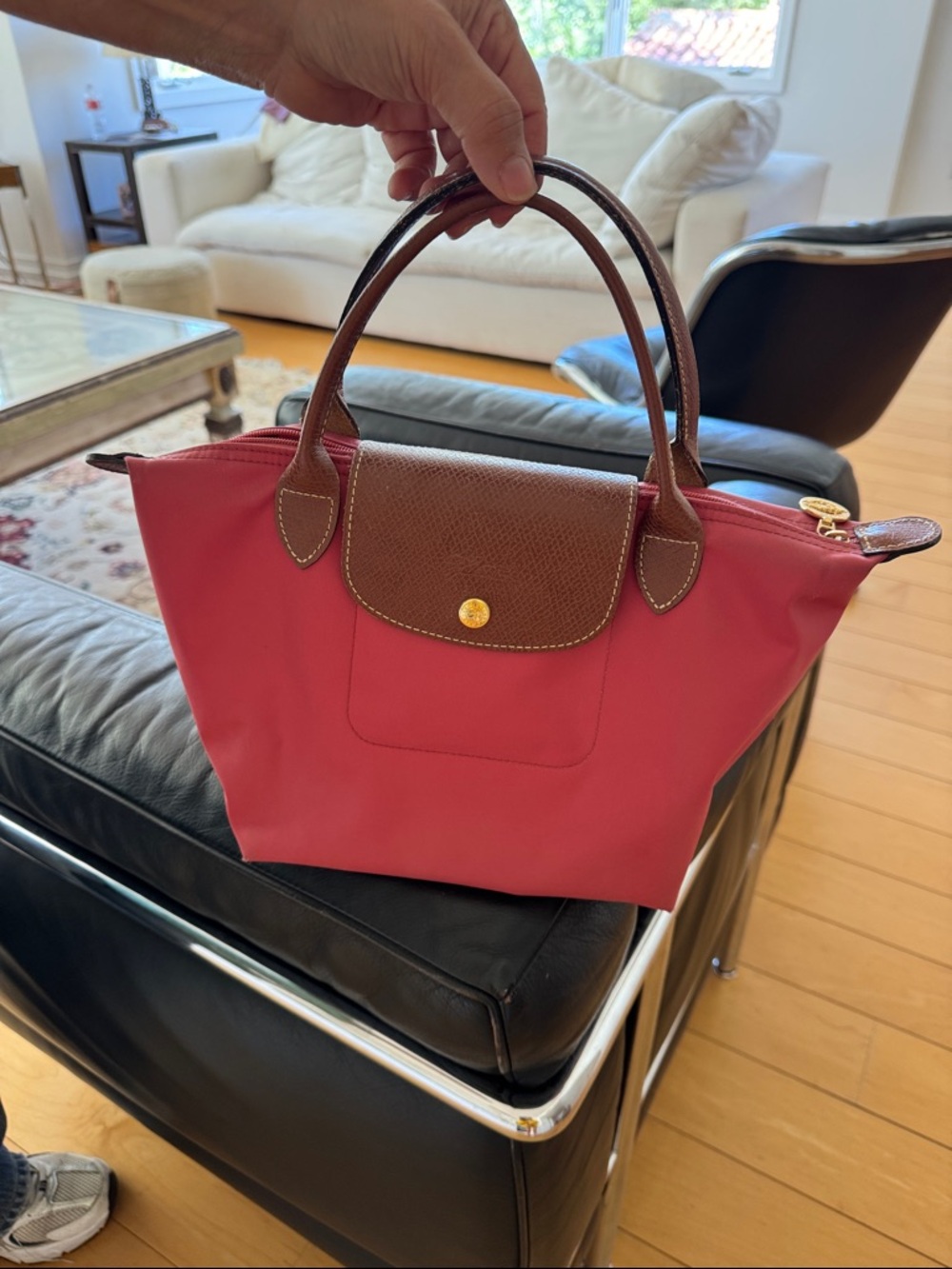 Longchamp small tote in raspberry with brown trim